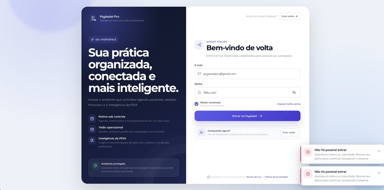Tela de acesso ao PsyAssist Pro
