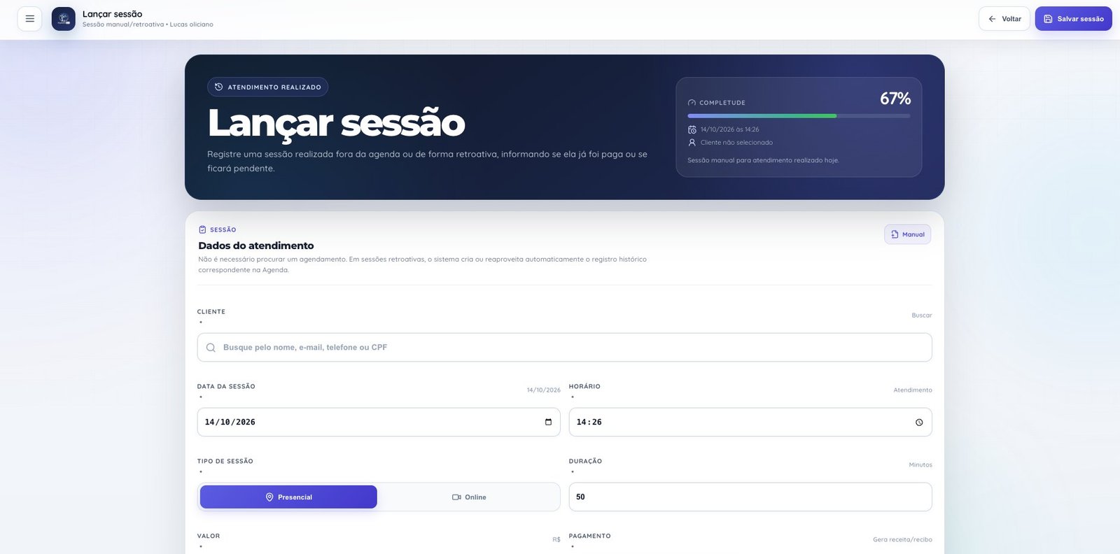 Tela de lançamento de sessão manual e retroativa