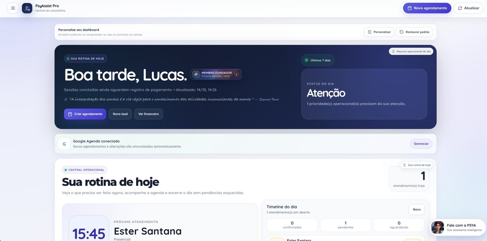 Dashboard do PsyAssist Pro com a rotina do dia