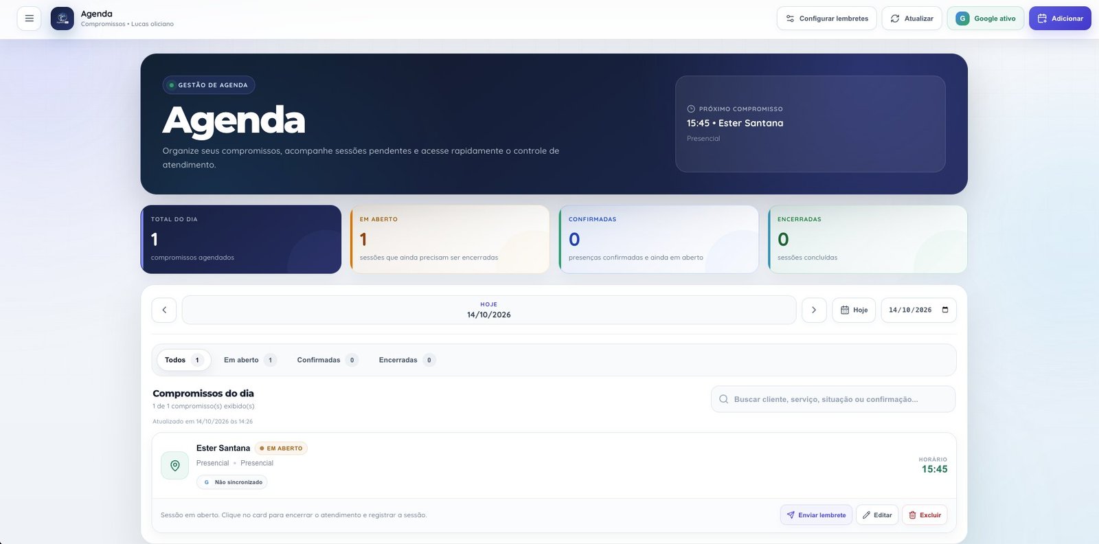 Tela da agenda de compromissos do PsyAssist Pro