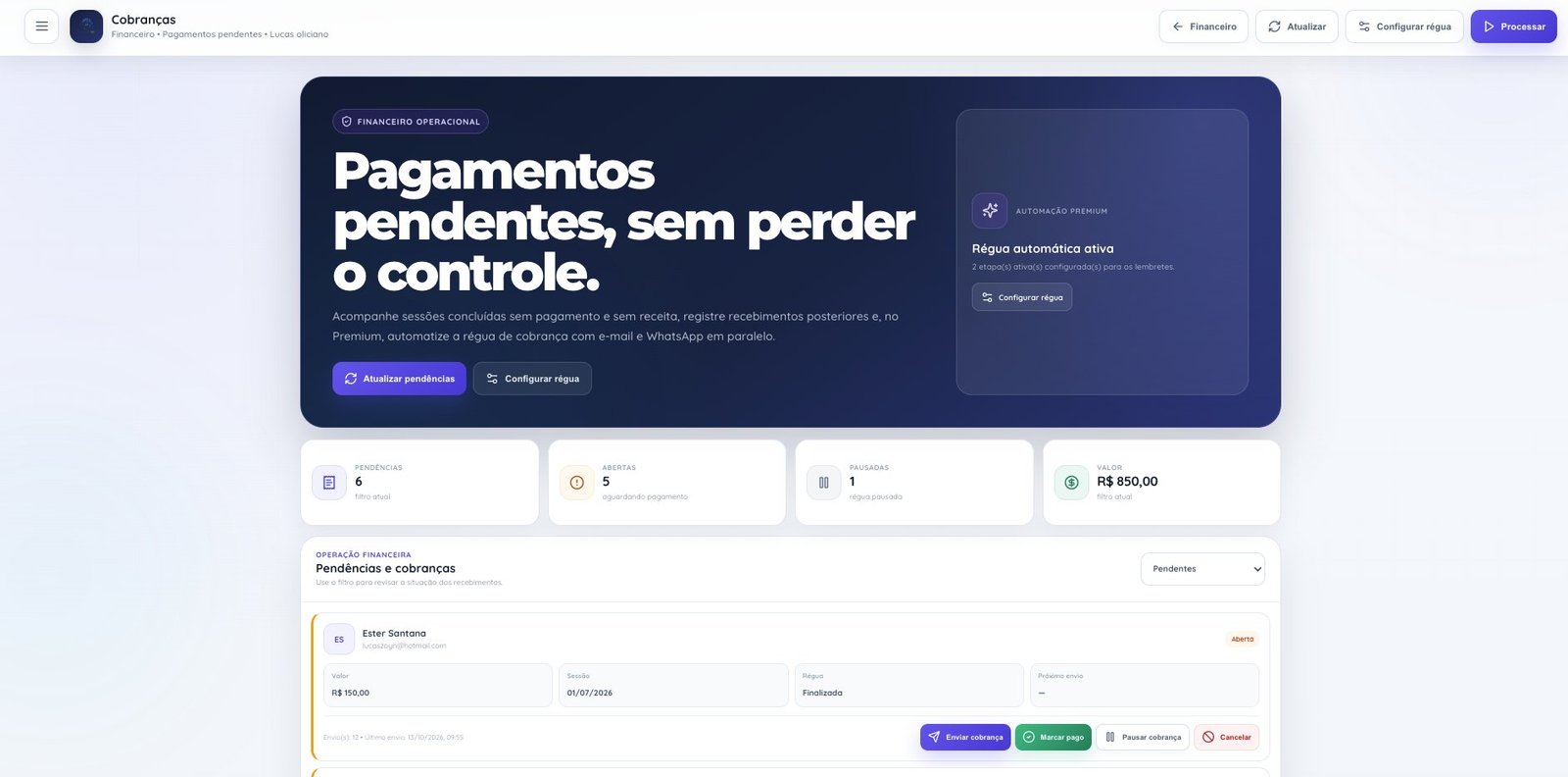 Tela de cobranças e régua automática do PsyAssist Pro